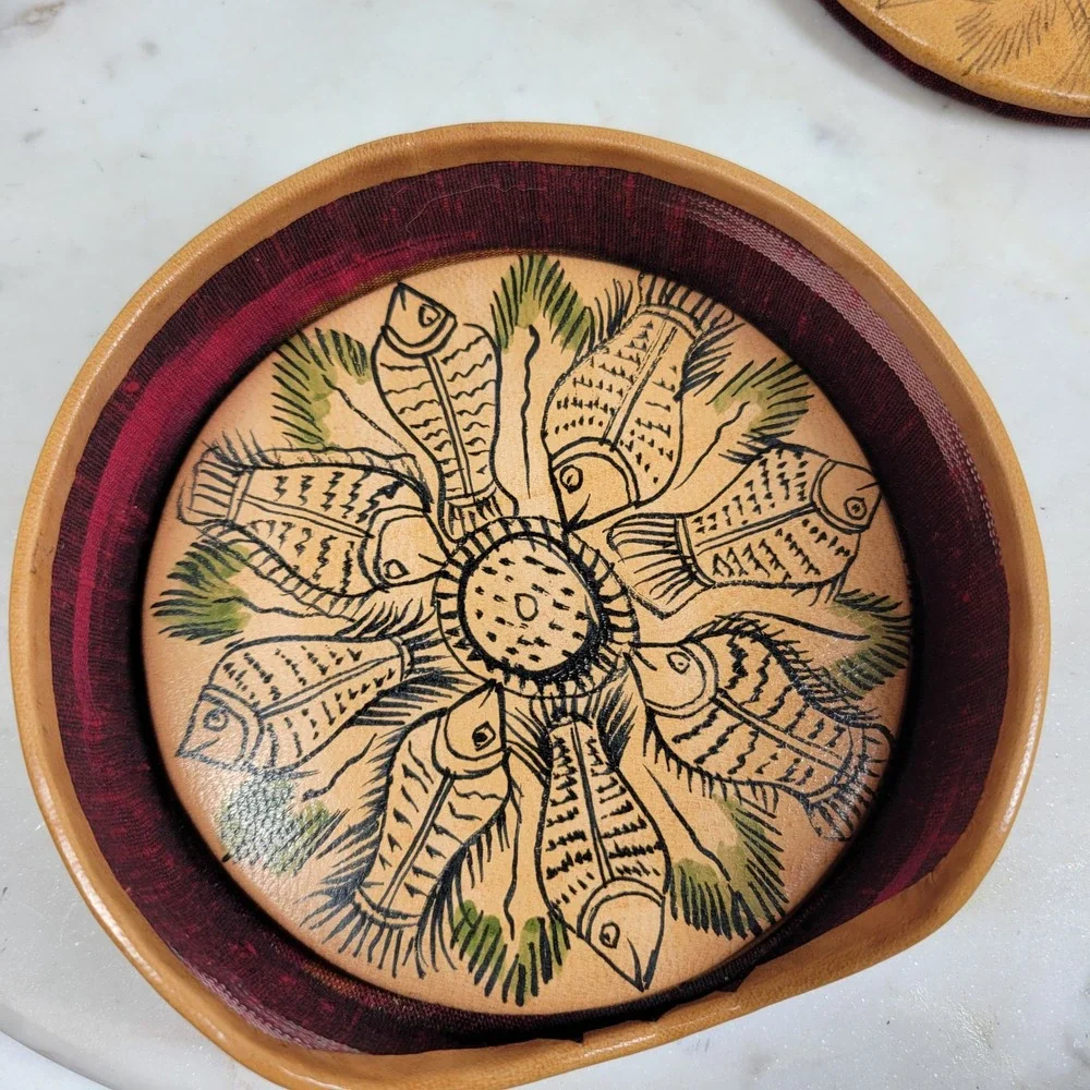 VTG Hand Painted Leather Fish Coaster Set w Storage Box Silk Back Folk Art Boho